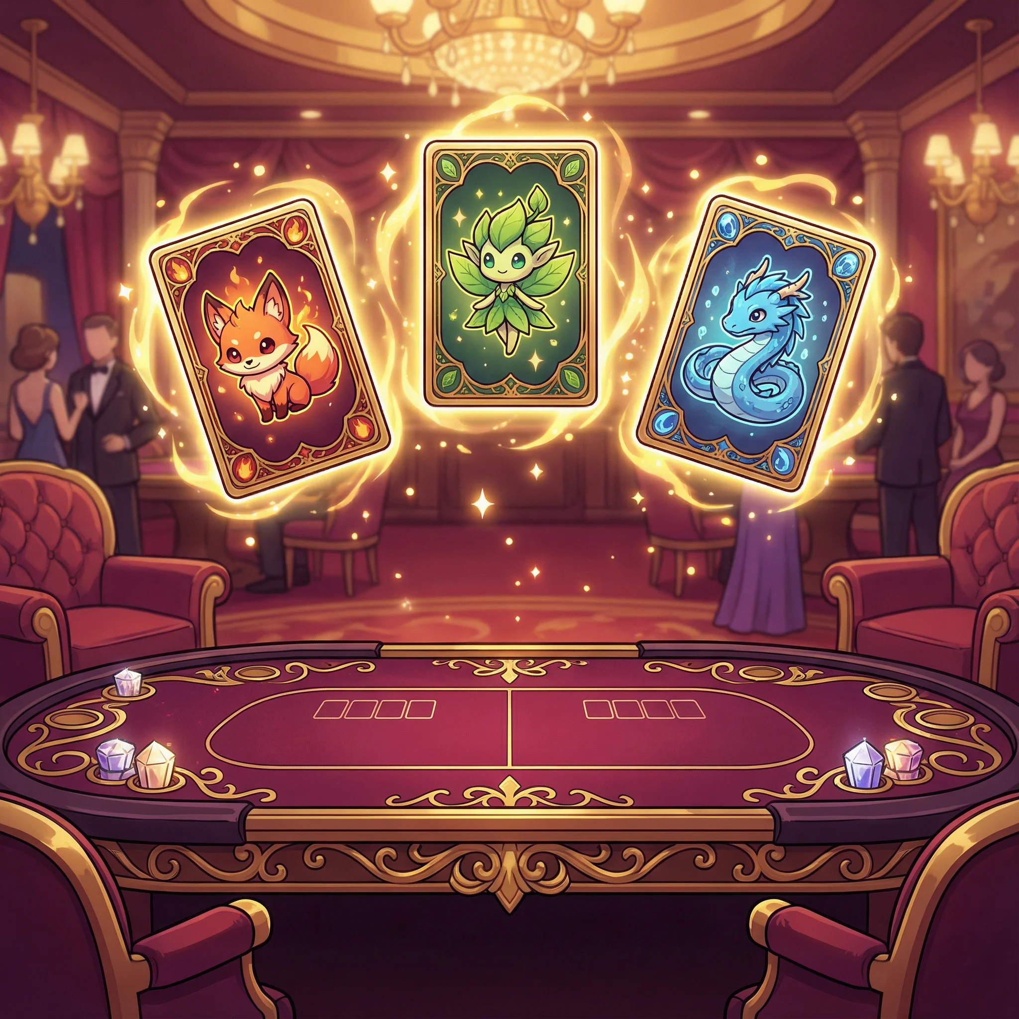 Cartas de bacará flotando con efectos mágicos dorados en ambiente elegante
